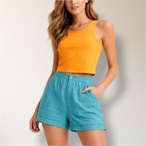 New Roxy S Atlantic Blue Cotton Textured Pocket Shorts Resort‎ Travel Beach